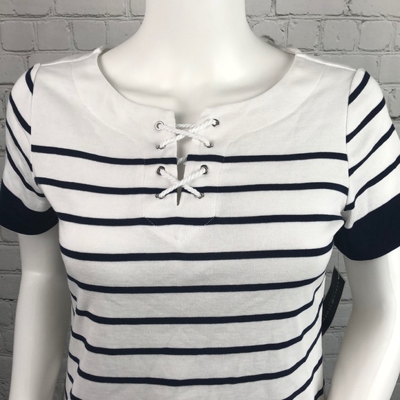 Karen Scott Navy & White Stripe Top Sz PS PM PL - Picture 3 of 4